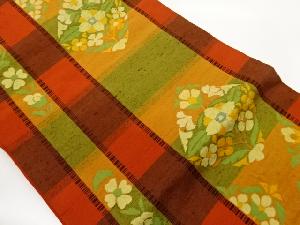 手織り紬花葉に縞・横段模様織出し名古屋帯